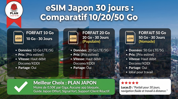 eSIM Japon 30 jours : quel forfait 10/20/50 Go choisir ?