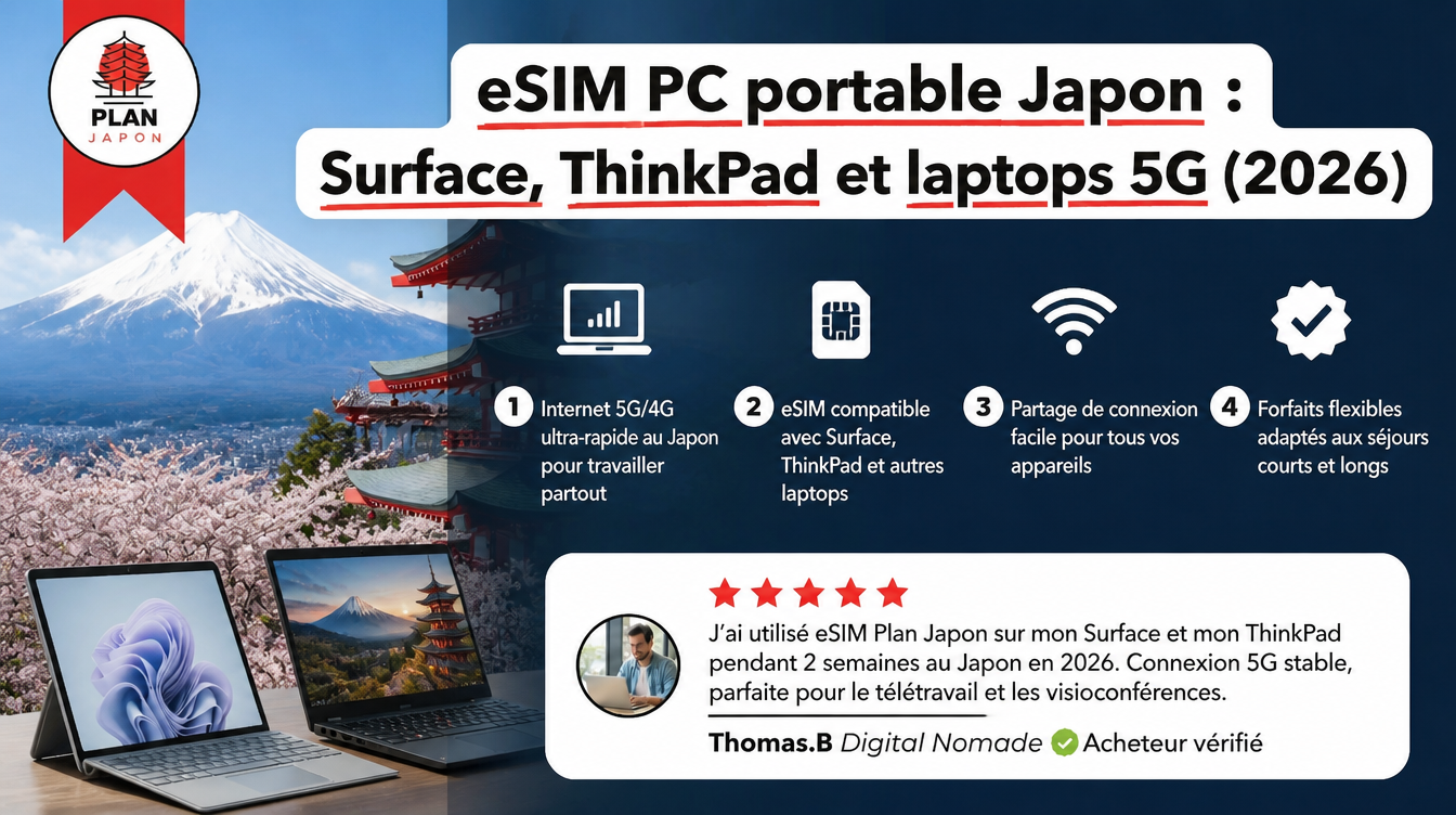 eSIM PC portable Japon : Surface, ThinkPad et laptops 5G (2026)
