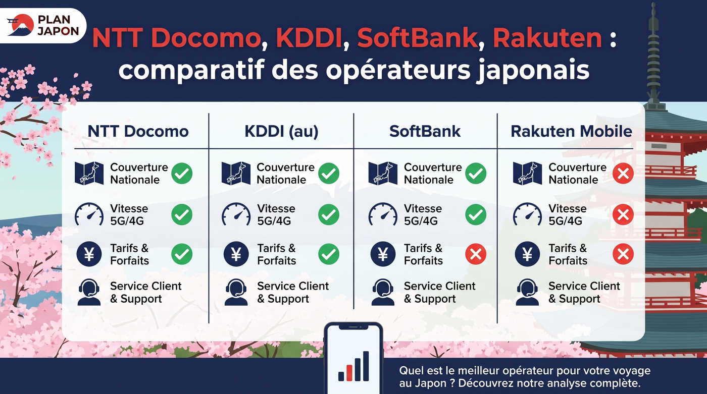 NTT Docomo, KDDI, SoftBank, Rakuten : comparatif des opérateurs japonais