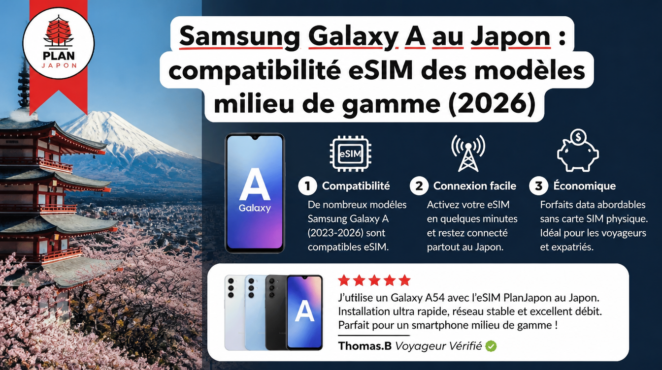 Samsung Galaxy A au Japon : compatibilité eSIM des modèles milieu de gamme (2026)