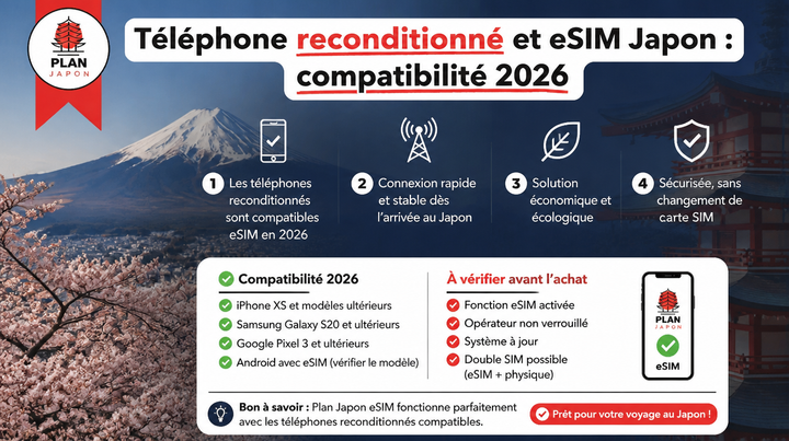 Téléphone reconditionné et eSIM Japon : compatibilité 2026