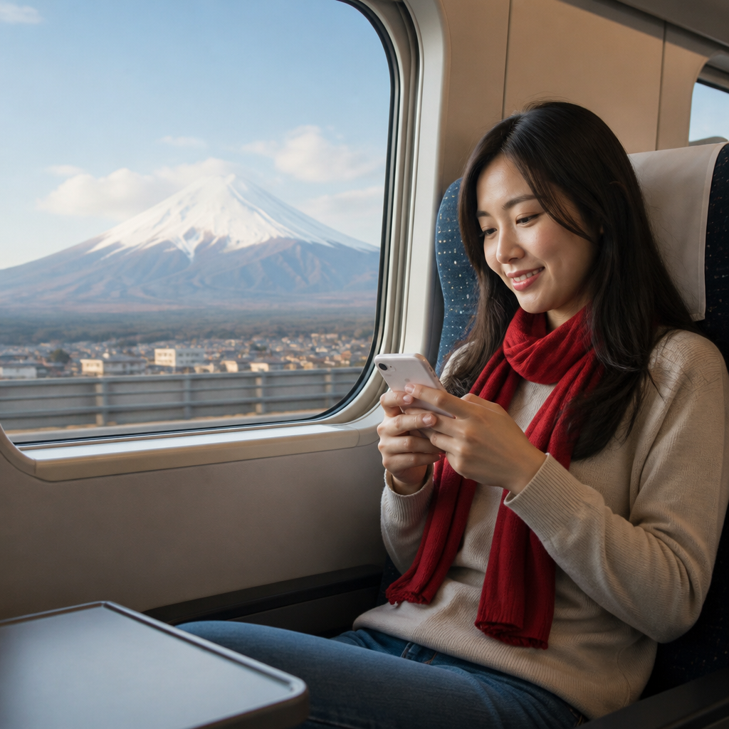 Voyageuse connectée dans le Shinkansen avec l'eSIM PlanJapon